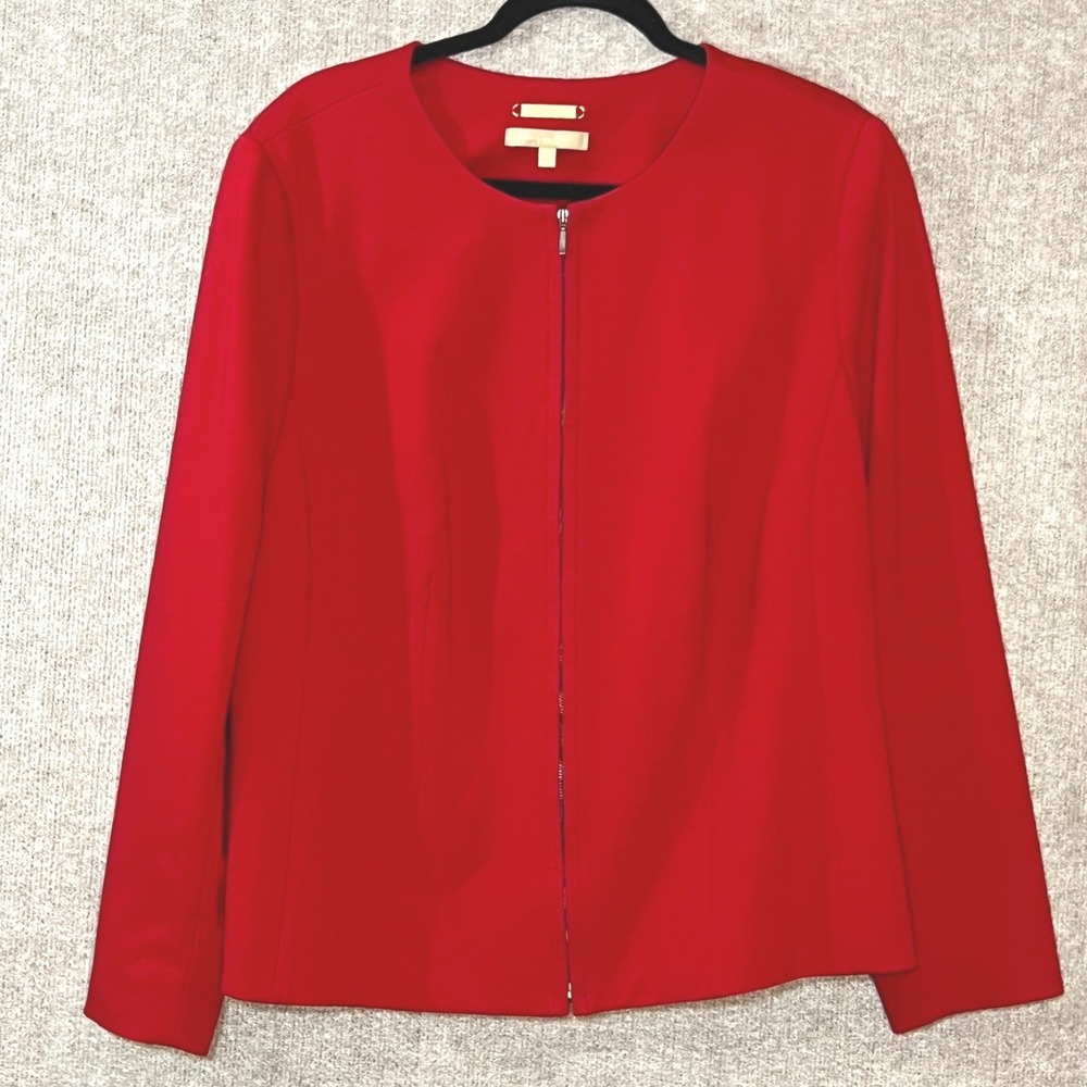 Talbots Zip Front Blazer Women 16W Red Italian Knit Long Sleeve Career Chic